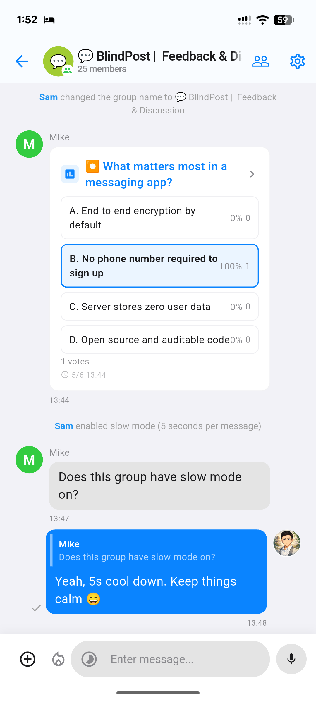 BlindPost group chat with poll